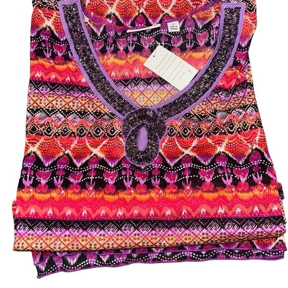 Susan Graver Women 3X Print Mesh Embellished Scarf Top Pink Beaded Neckline NWT - Picture 1 of 5